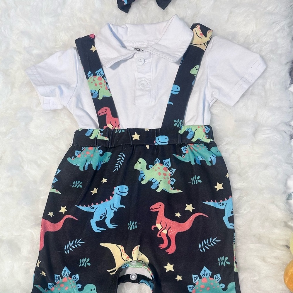 Dinosaur Print Baby Overalls with White Shirt